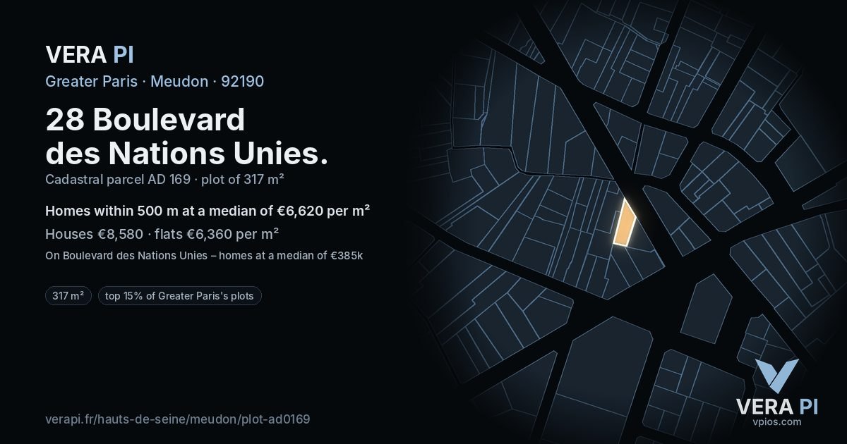 28 Boulevard des Nations Unies, Meudon at night – the plot lit, the parcels around coloured by the prices near them