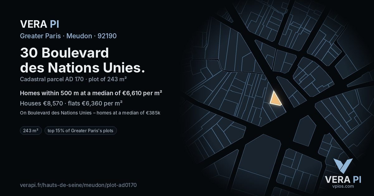 30 Boulevard des Nations Unies, Meudon at night – the plot lit, the parcels around coloured by the prices near them