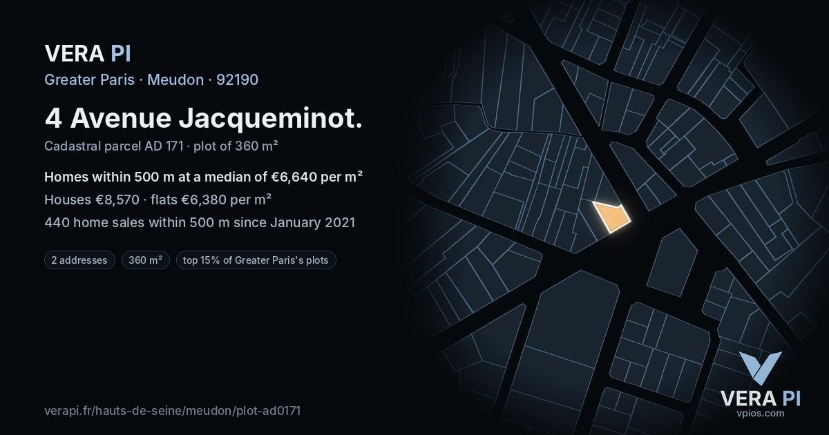4 Avenue Jacqueminot, Meudon at night – the plot lit, the parcels around coloured by the prices near them