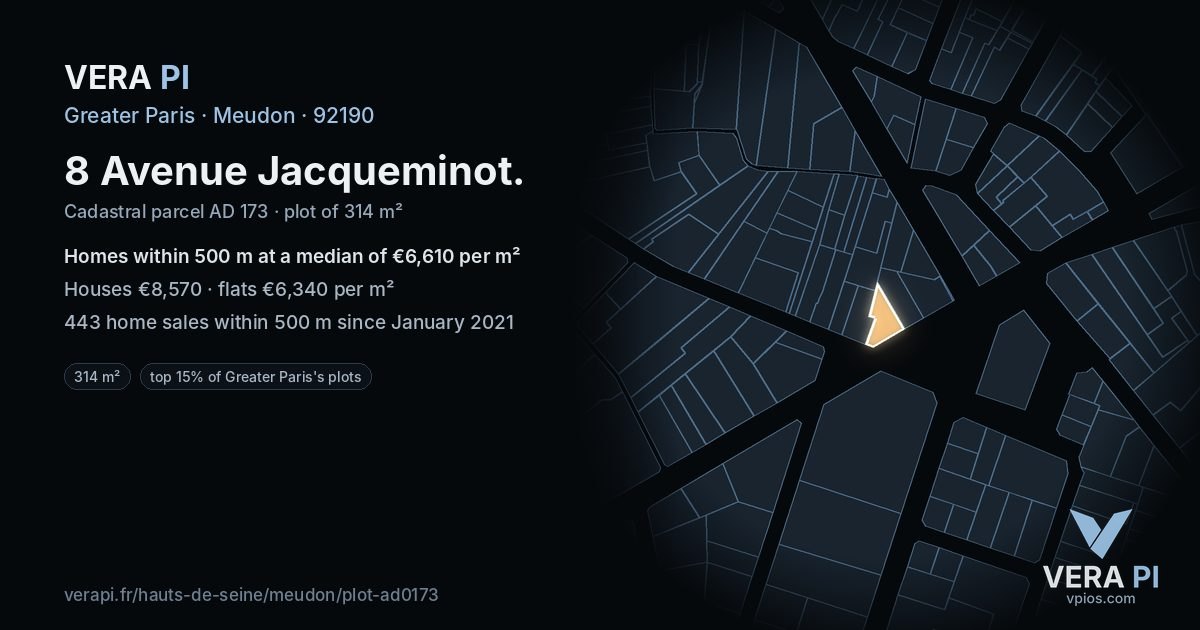 8 Avenue Jacqueminot, Meudon at night – the plot lit, the parcels around coloured by the prices near them