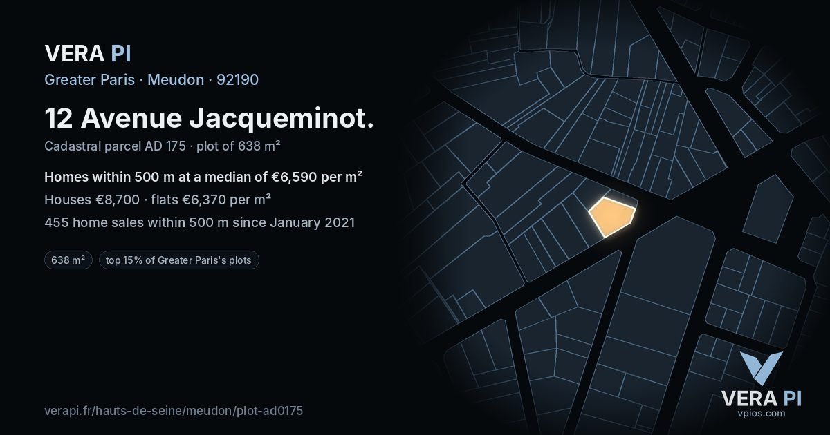 12 Avenue Jacqueminot, Meudon at night – the plot lit, the parcels around coloured by the prices near them