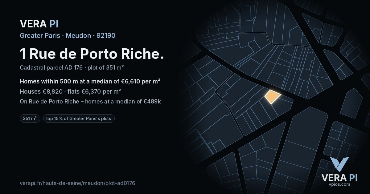 1 Rue de Porto Riche, Meudon at night – the plot lit, the parcels around coloured by the prices near them