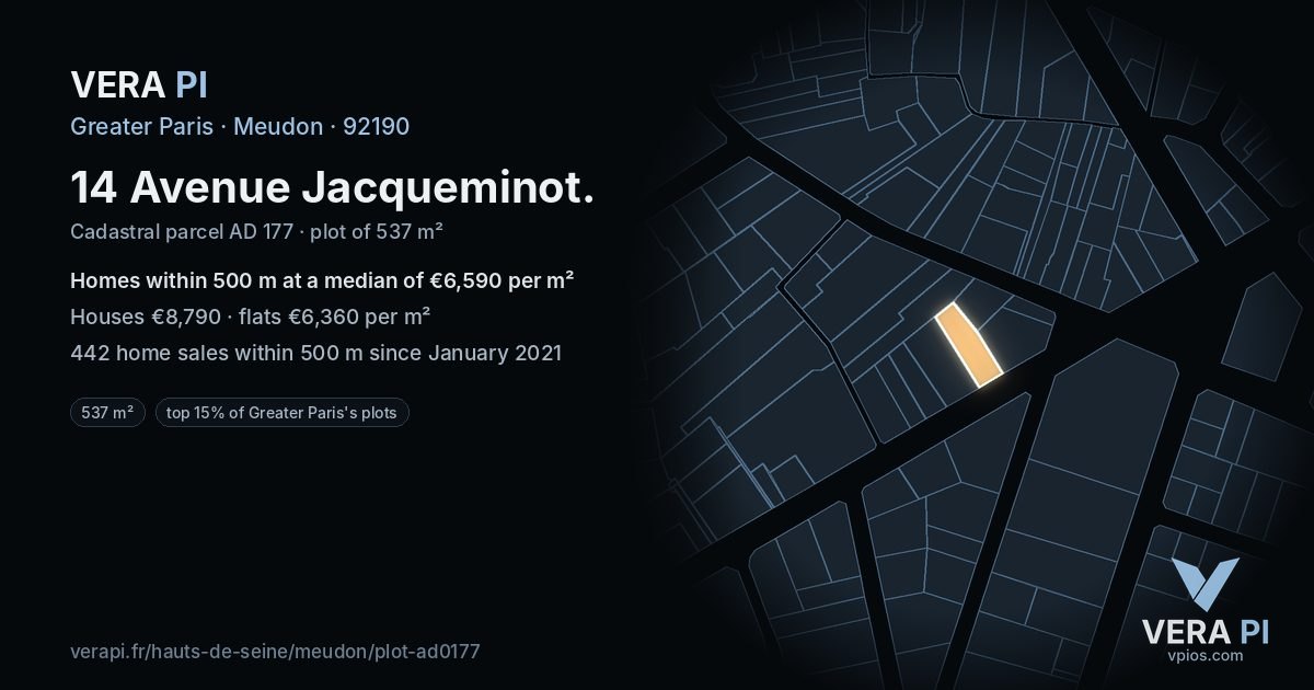 14 Avenue Jacqueminot, Meudon at night – the plot lit, the parcels around coloured by the prices near them