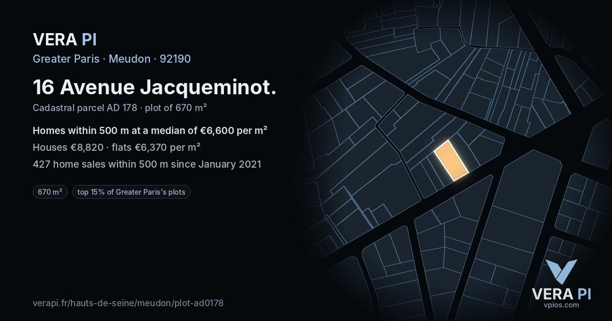 16 Avenue Jacqueminot, Meudon at night – the plot lit, the parcels around coloured by the prices near them