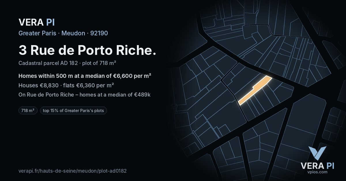 3 Rue de Porto Riche, Meudon at night – the plot lit, the parcels around coloured by the prices near them