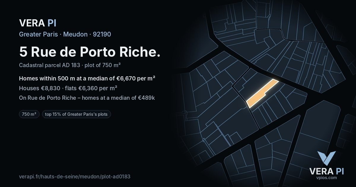 5 Rue de Porto Riche, Meudon at night – the plot lit, the parcels around coloured by the prices near them