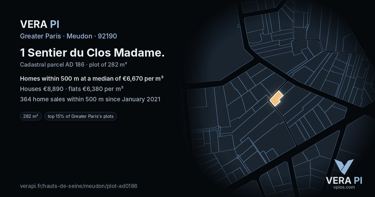 1 Sentier du Clos Madame, Meudon at night – the plot lit, the parcels around coloured by the prices near them