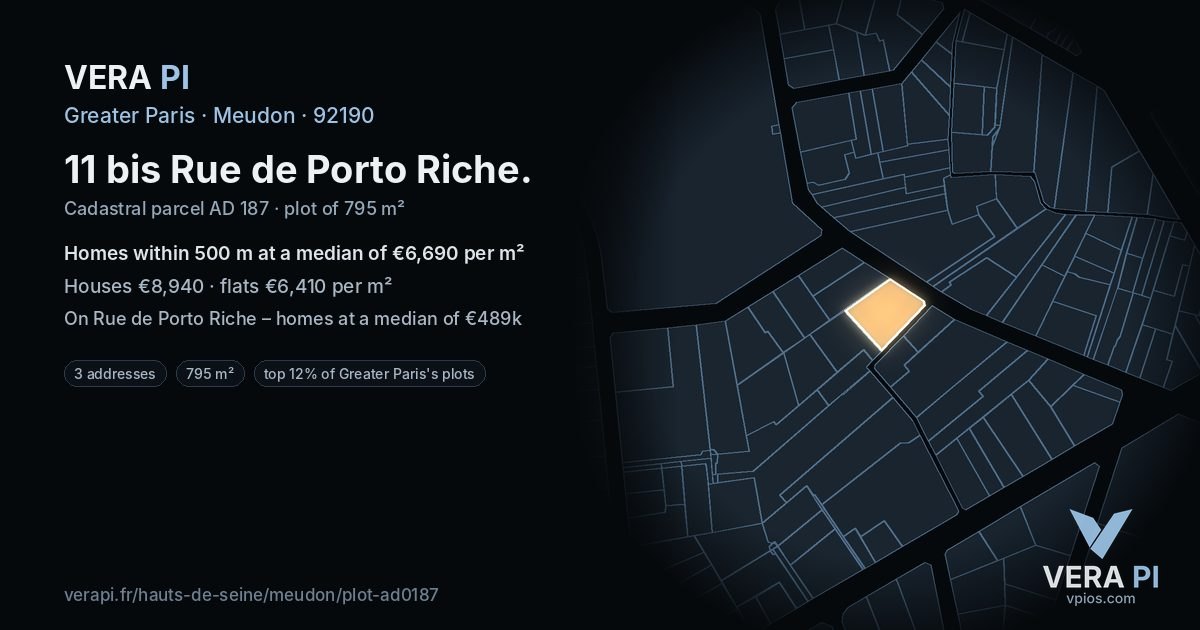 11 bis Rue de Porto Riche, Meudon at night – the plot lit, the parcels around coloured by the prices near them