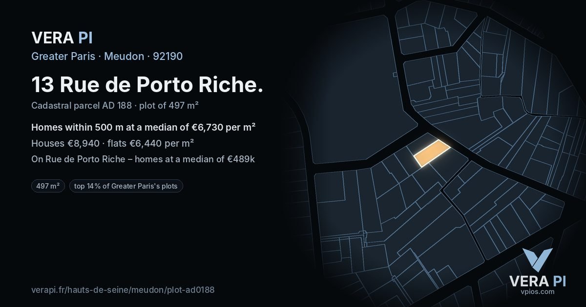 13 Rue de Porto Riche, Meudon at night – the plot lit, the parcels around coloured by the prices near them