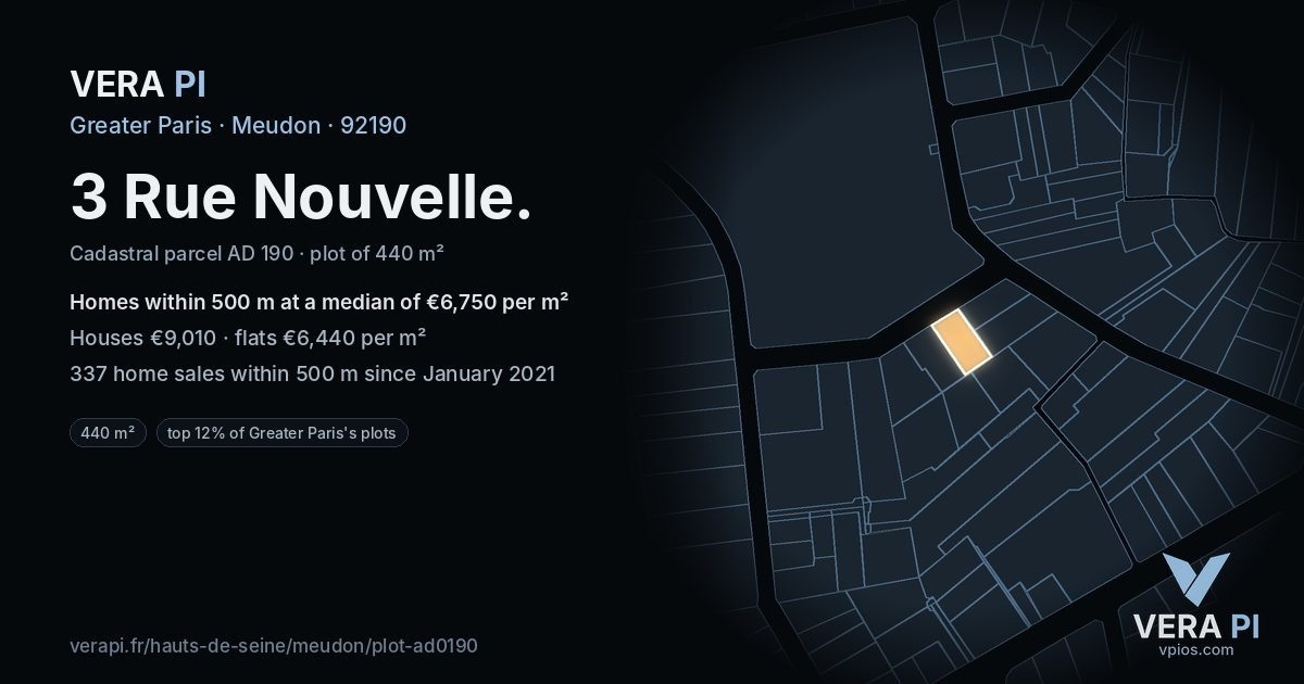 3 Rue Nouvelle, Meudon at night – the plot lit, the parcels around coloured by the prices near them