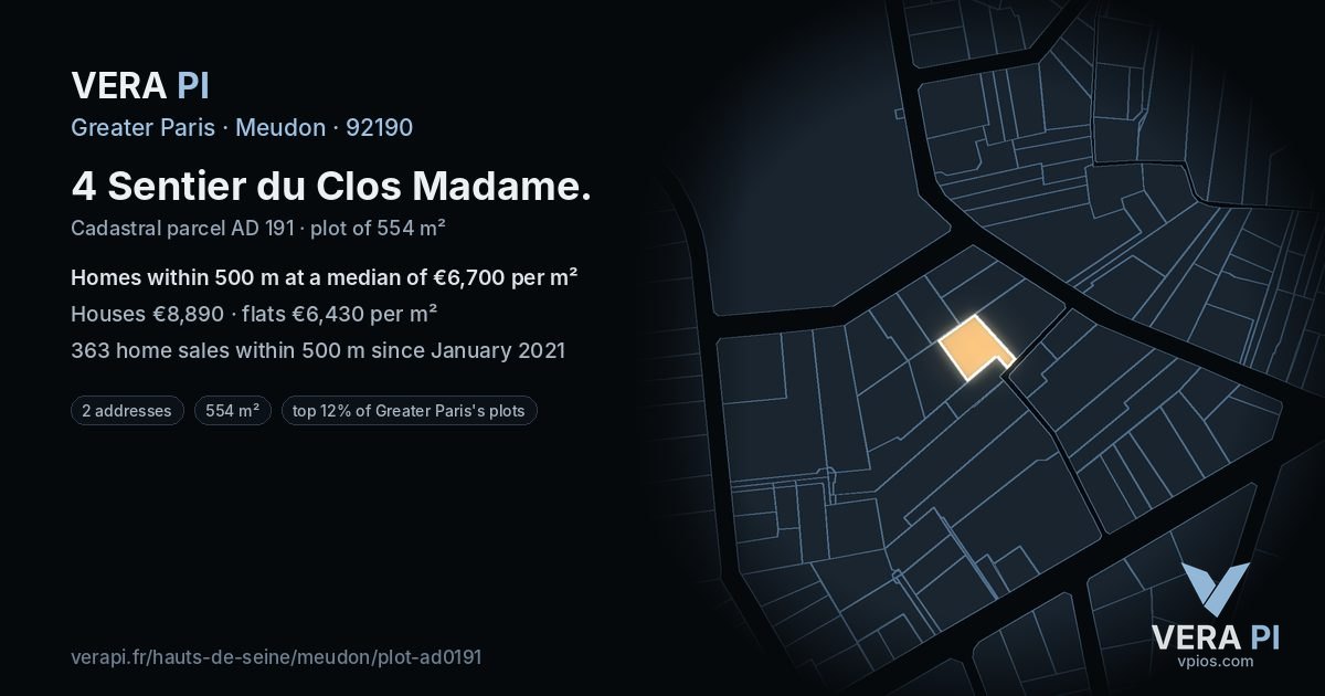 4 Sentier du Clos Madame, Meudon at night – the plot lit, the parcels around coloured by the prices near them