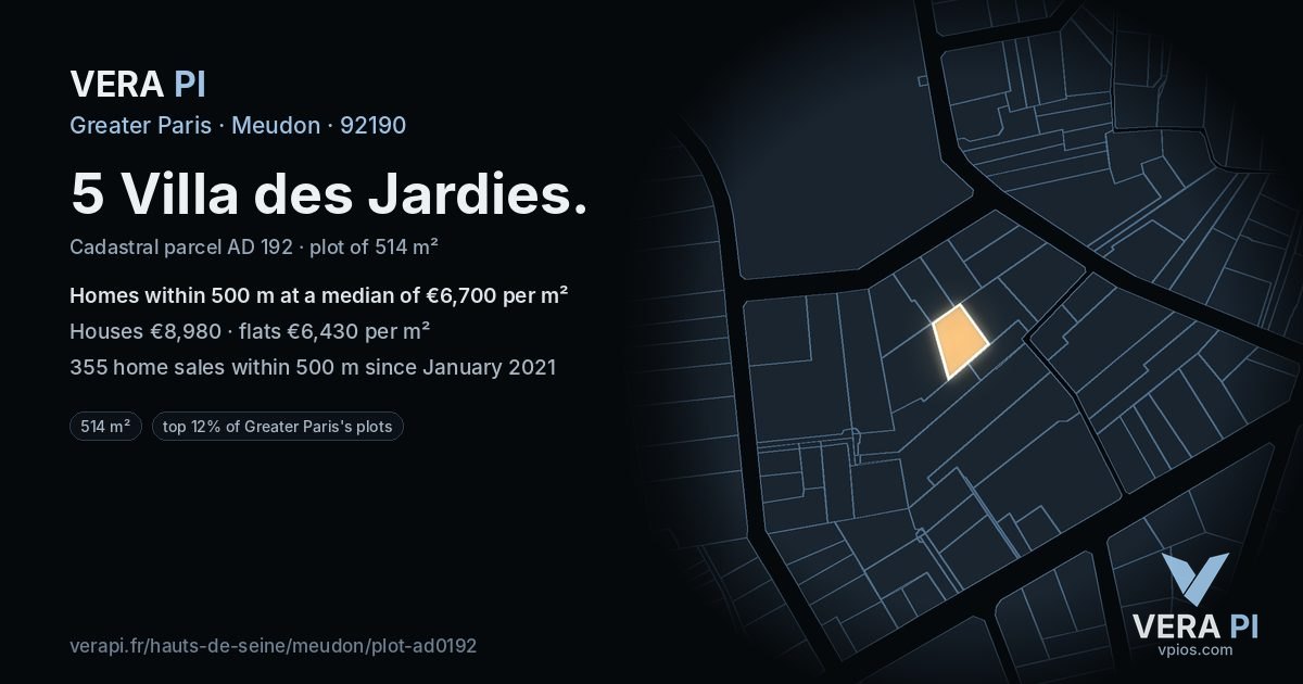 5 Villa des Jardies, Meudon at night – the plot lit, the parcels around coloured by the prices near them