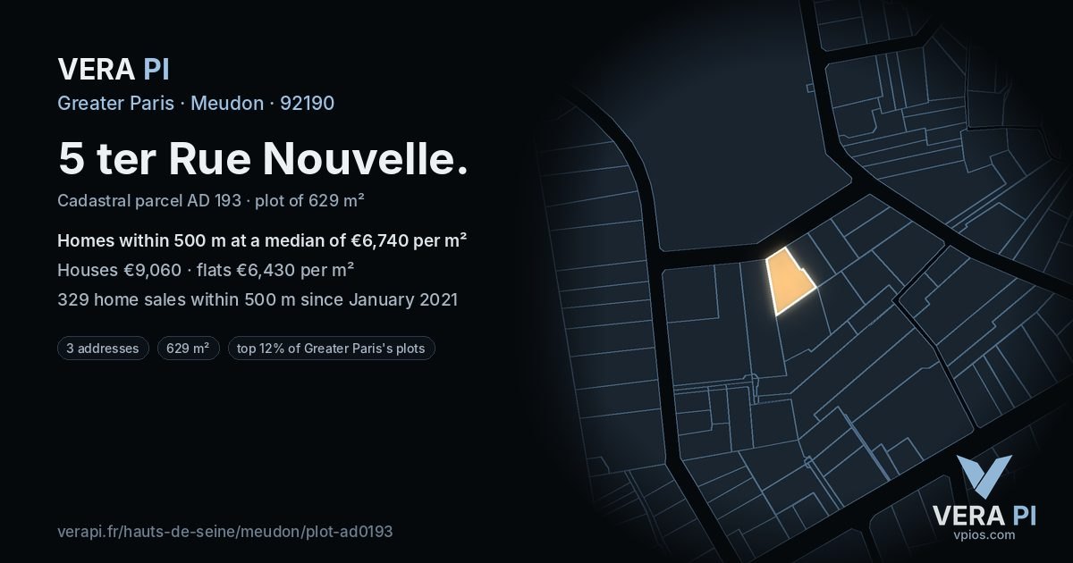 5 ter Rue Nouvelle, Meudon at night – the plot lit, the parcels around coloured by the prices near them