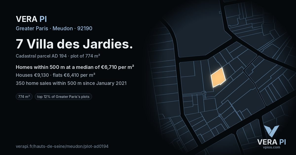 7 Villa des Jardies, Meudon at night – the plot lit, the parcels around coloured by the prices near them