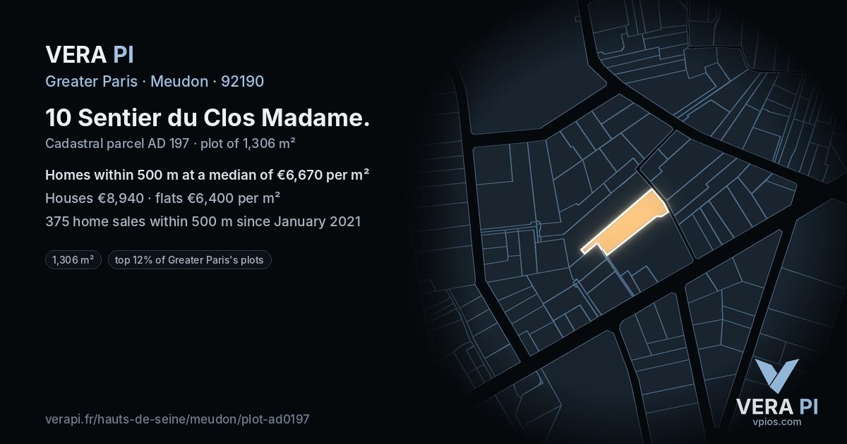 10 Sentier du Clos Madame, Meudon at night – the plot lit, the parcels around coloured by the prices near them