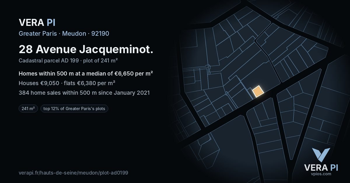 28 Avenue Jacqueminot, Meudon at night – the plot lit, the parcels around coloured by the prices near them