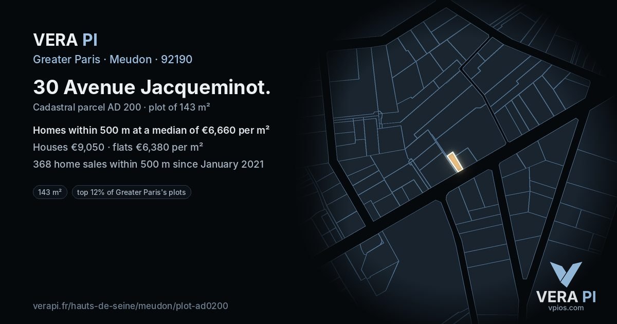 30 Avenue Jacqueminot, Meudon at night – the plot lit, the parcels around coloured by the prices near them