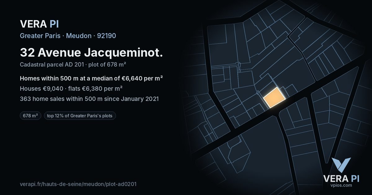 32 Avenue Jacqueminot, Meudon at night – the plot lit, the parcels around coloured by the prices near them