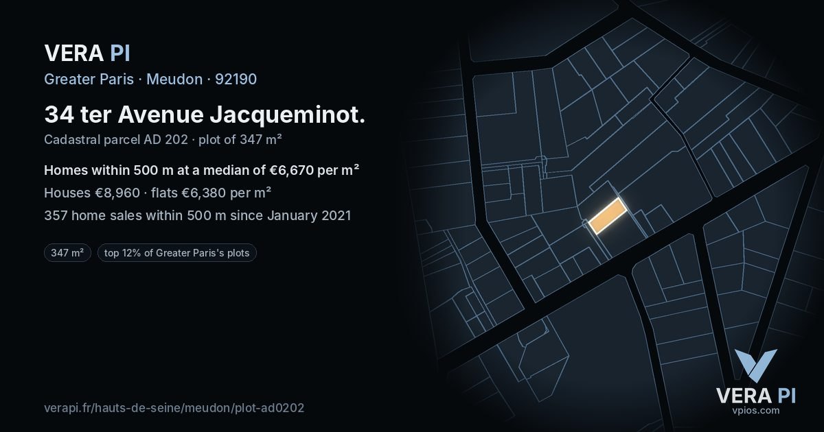 34 ter Avenue Jacqueminot, Meudon at night – the plot lit, the parcels around coloured by the prices near them