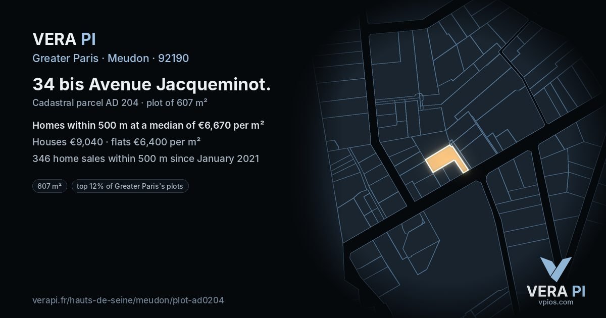 34 bis Avenue Jacqueminot, Meudon at night – the plot lit, the parcels around coloured by the prices near them