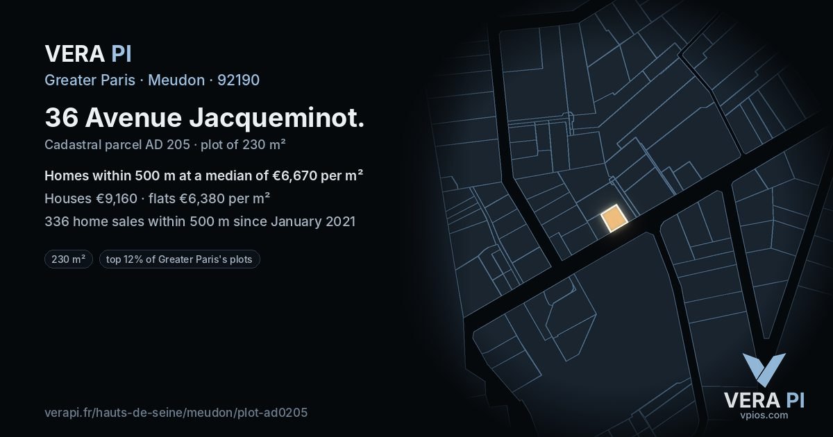 36 Avenue Jacqueminot, Meudon at night – the plot lit, the parcels around coloured by the prices near them