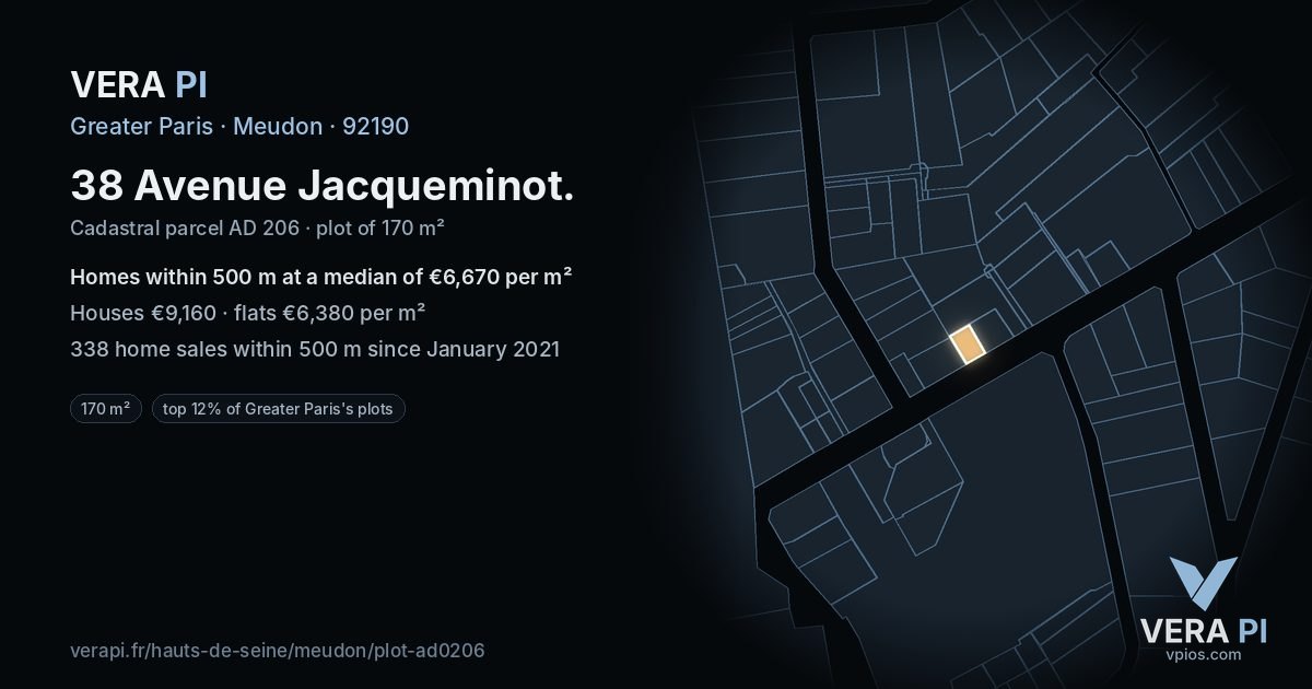 38 Avenue Jacqueminot, Meudon at night – the plot lit, the parcels around coloured by the prices near them