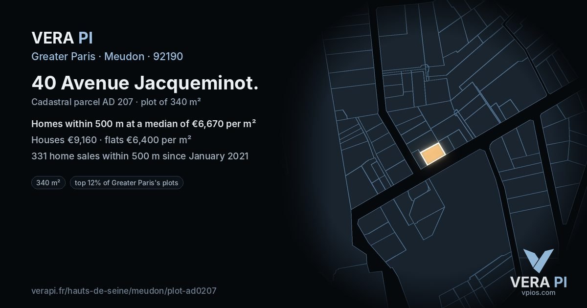 40 Avenue Jacqueminot, Meudon at night – the plot lit, the parcels around coloured by the prices near them