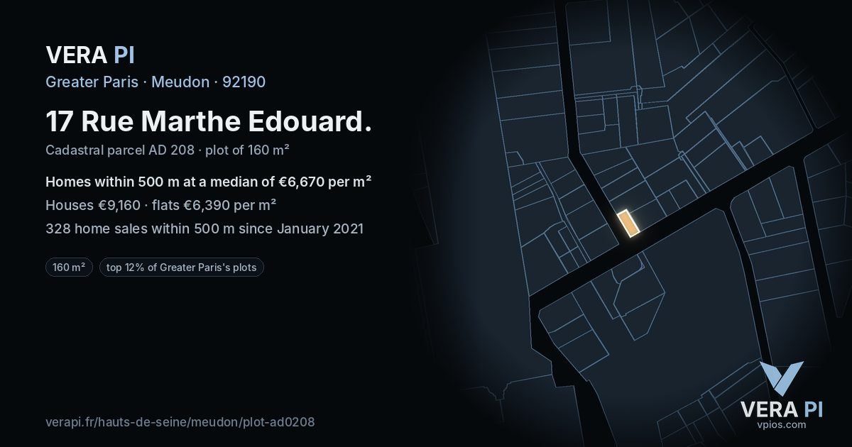 17 Rue Marthe Edouard, Meudon at night – the plot lit, the parcels around coloured by the prices near them