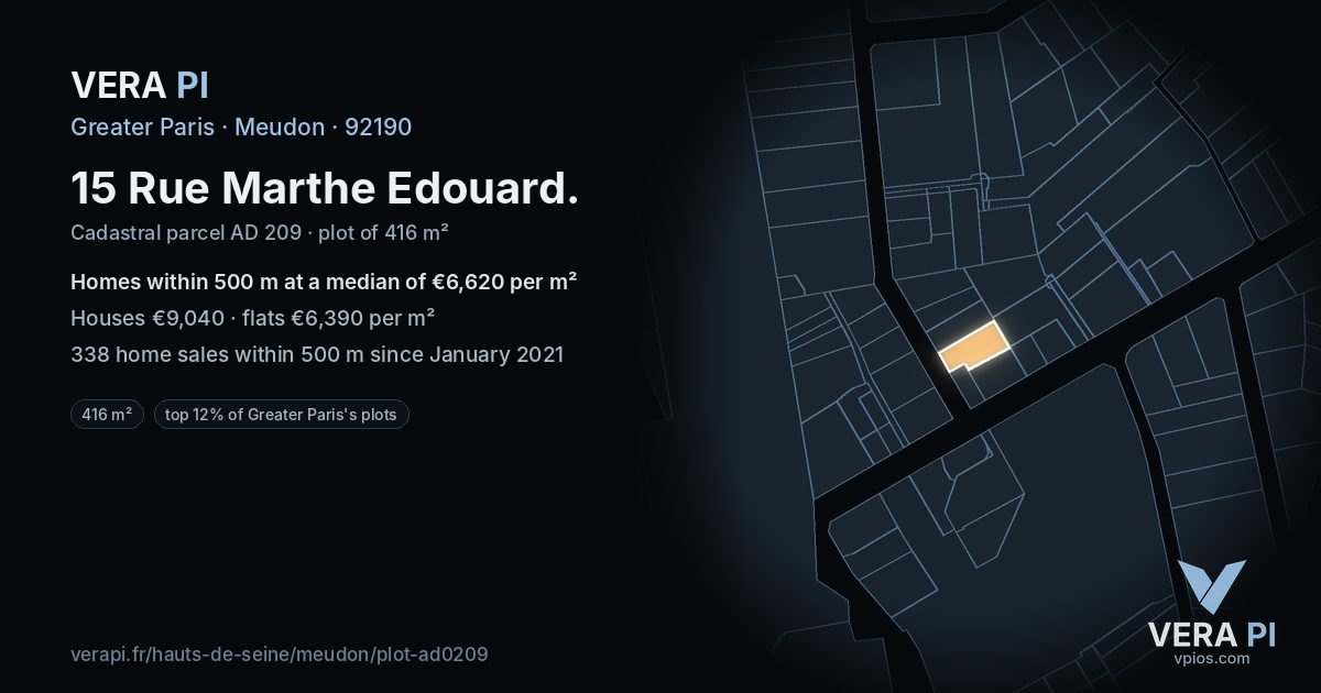 15 Rue Marthe Edouard, Meudon at night – the plot lit, the parcels around coloured by the prices near them