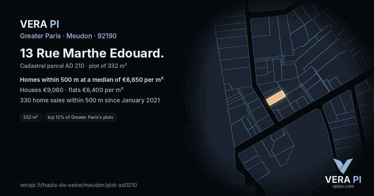 13 Rue Marthe Edouard, Meudon at night – the plot lit, the parcels around coloured by the prices near them