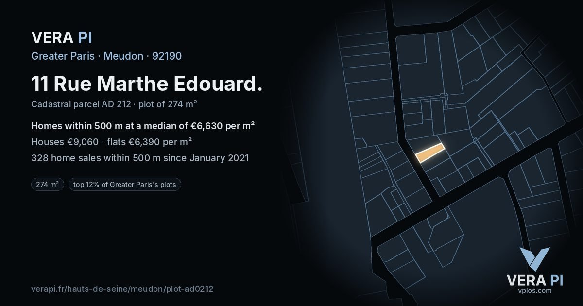 11 Rue Marthe Edouard, Meudon at night – the plot lit, the parcels around coloured by the prices near them