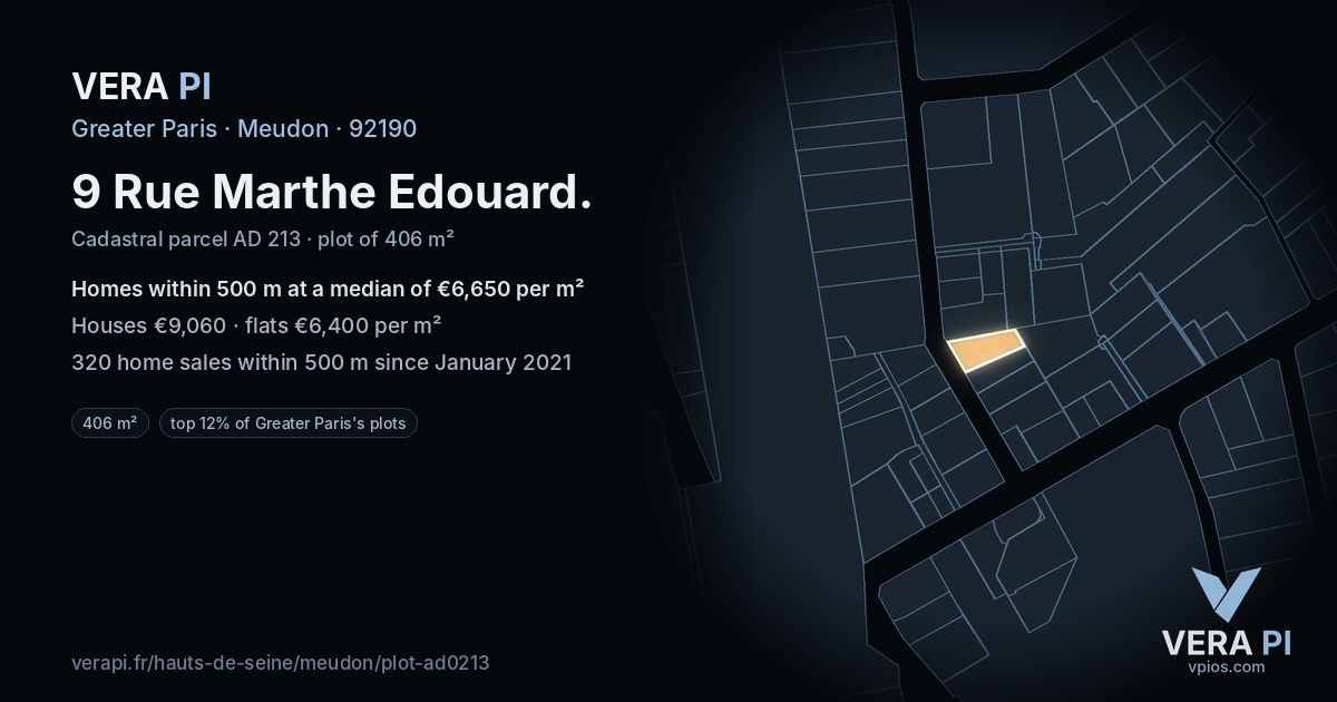 9 Rue Marthe Edouard, Meudon at night – the plot lit, the parcels around coloured by the prices near them