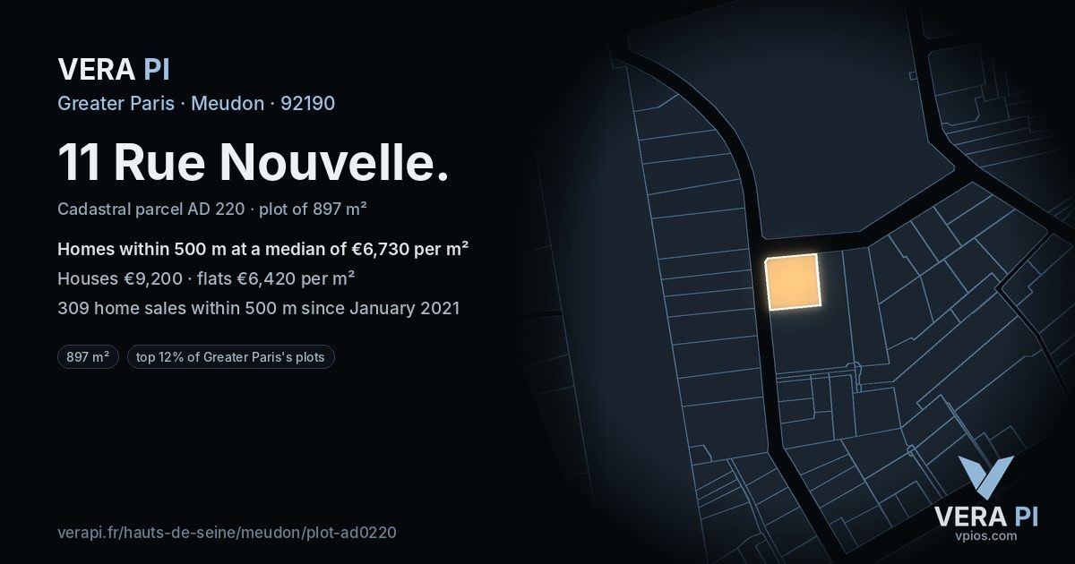 11 Rue Nouvelle, Meudon at night – the plot lit, the parcels around coloured by the prices near them