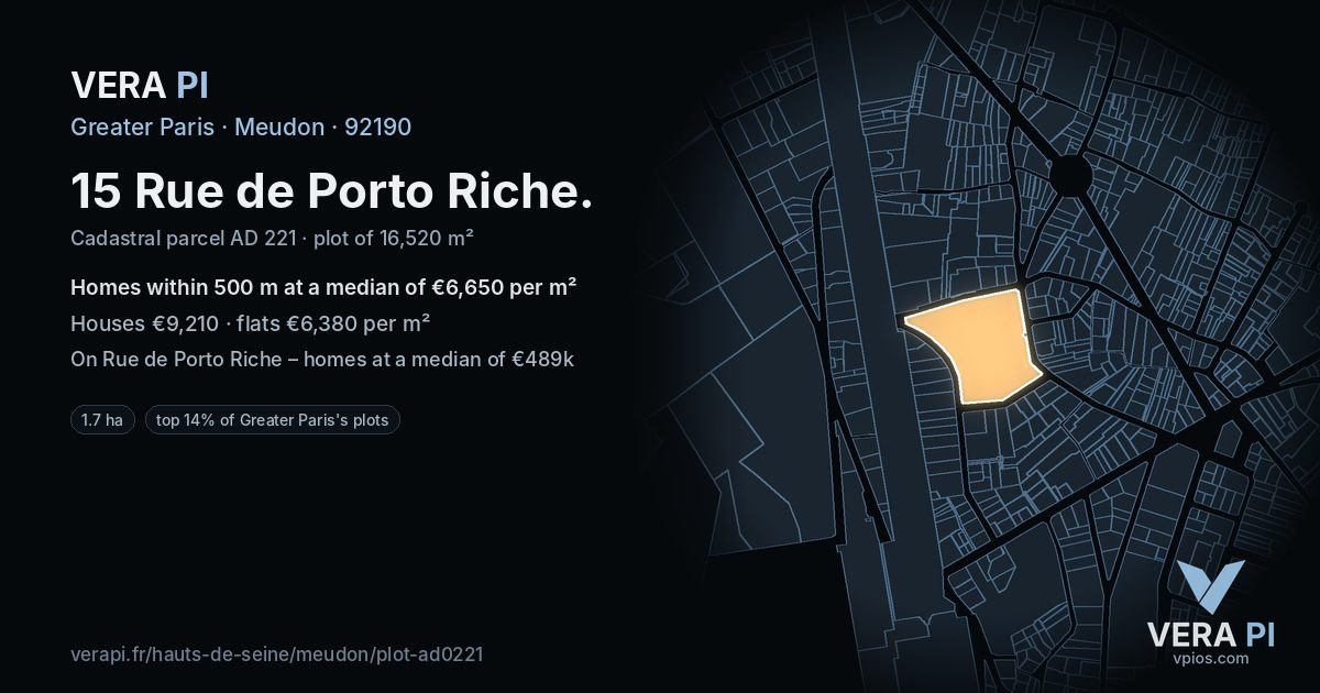 15 Rue de Porto Riche, Meudon at night – the plot lit, the parcels around coloured by the prices near them