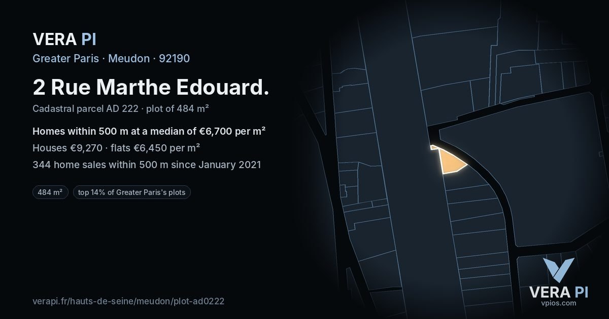 2 Rue Marthe Edouard, Meudon at night – the plot lit, the parcels around coloured by the prices near them