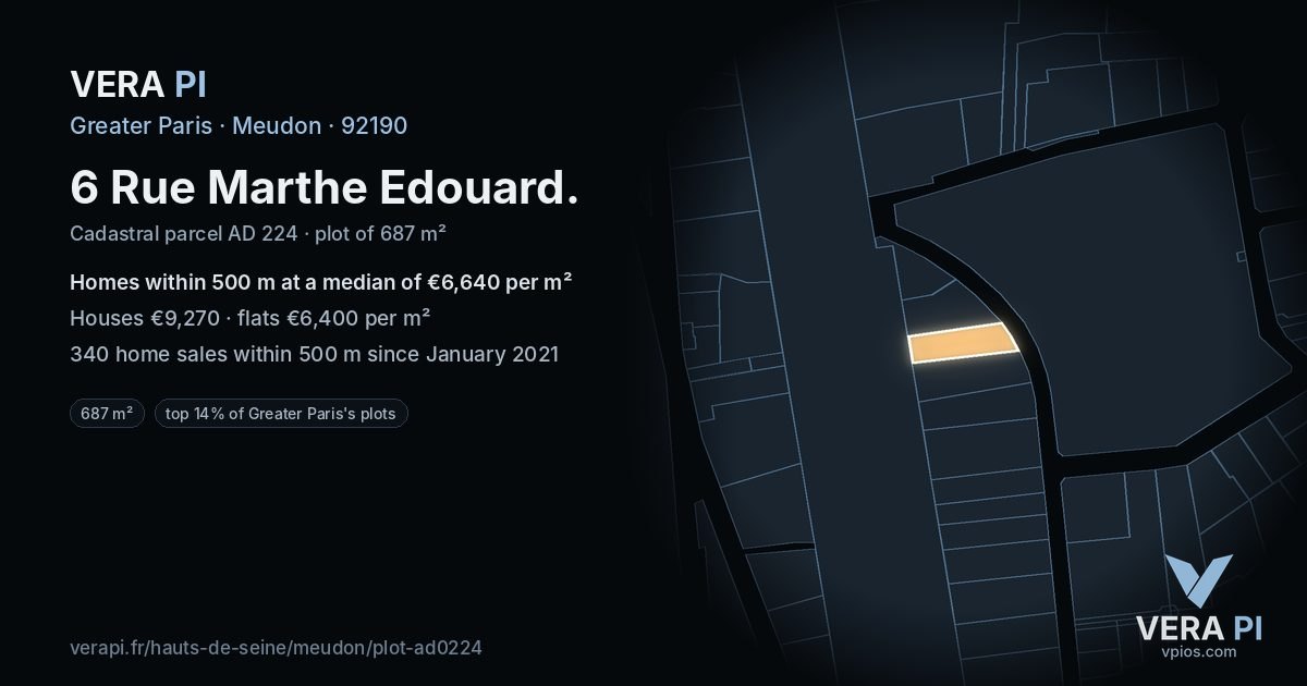 6 Rue Marthe Edouard, Meudon at night – the plot lit, the parcels around coloured by the prices near them