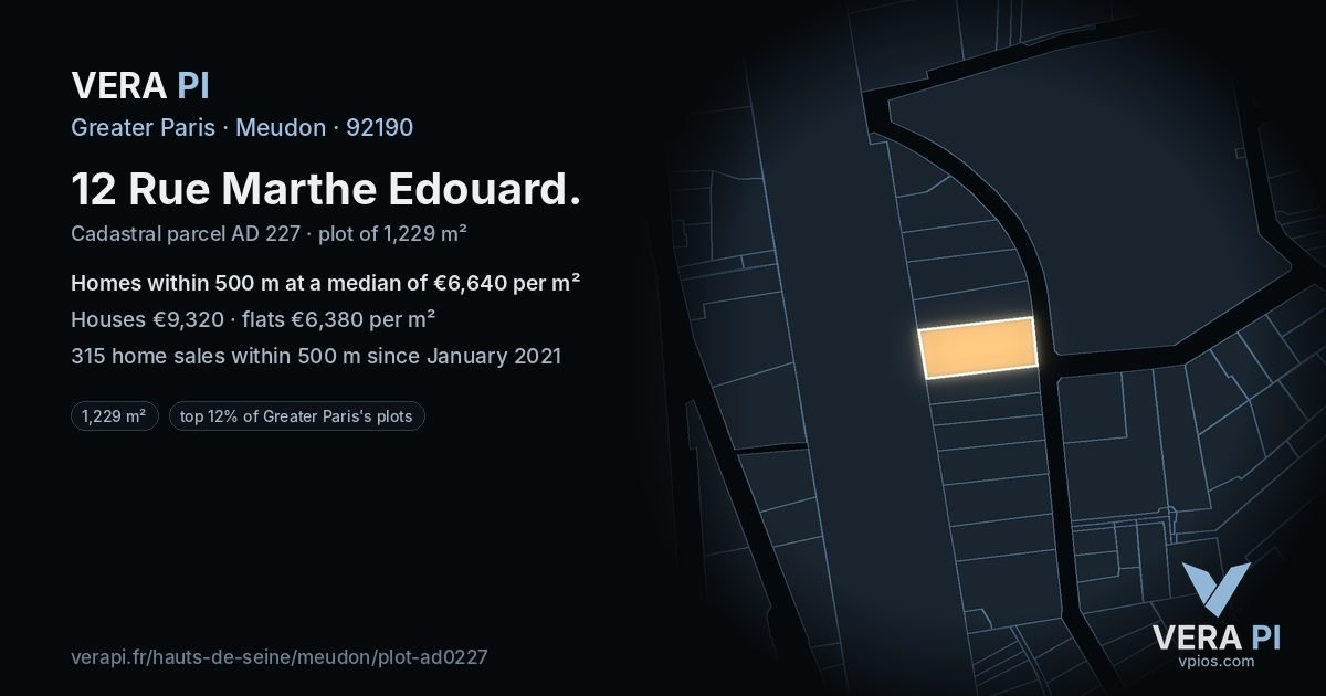 12 Rue Marthe Edouard, Meudon at night – the plot lit, the parcels around coloured by the prices near them