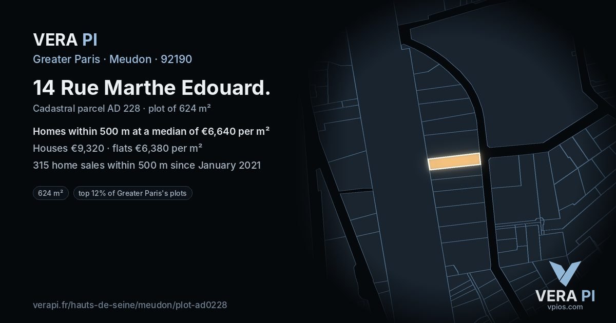 14 Rue Marthe Edouard, Meudon at night – the plot lit, the parcels around coloured by the prices near them