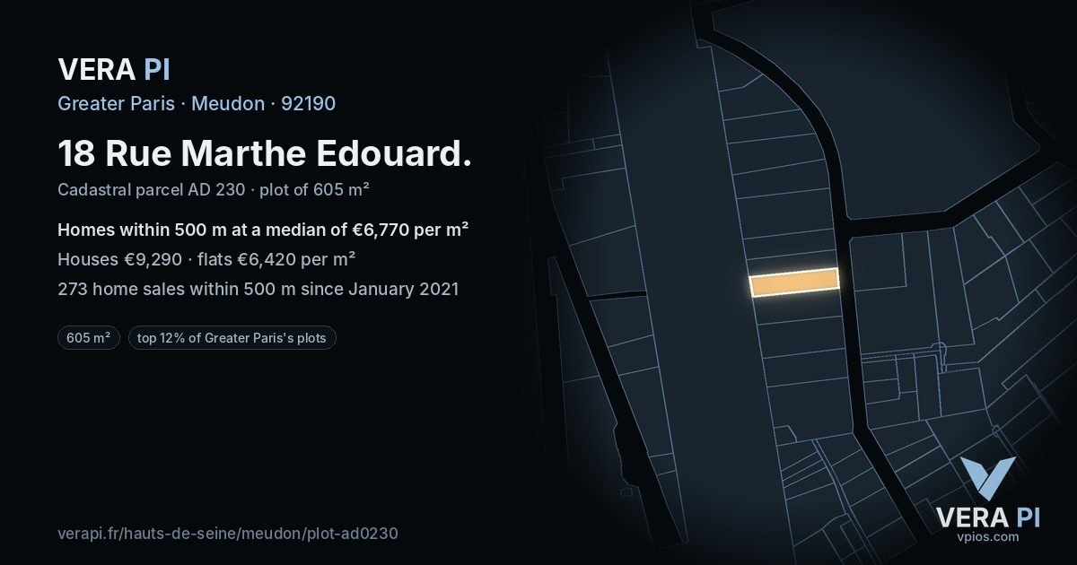 18 Rue Marthe Edouard, Meudon at night – the plot lit, the parcels around coloured by the prices near them