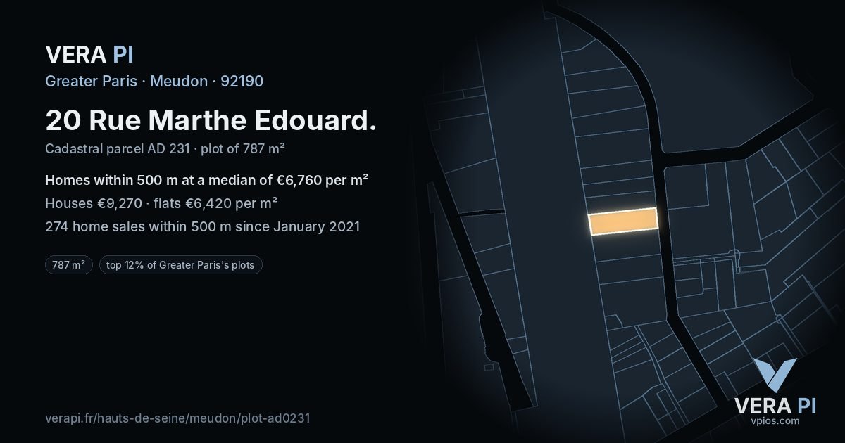 20 Rue Marthe Edouard, Meudon at night – the plot lit, the parcels around coloured by the prices near them