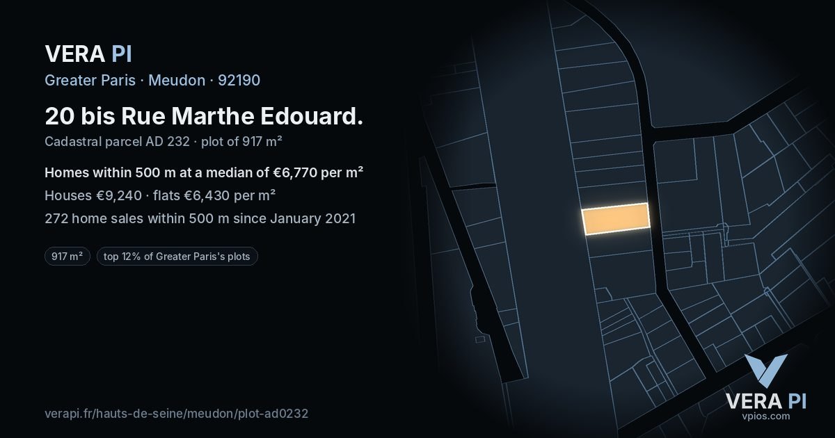 20 bis Rue Marthe Edouard, Meudon at night – the plot lit, the parcels around coloured by the prices near them