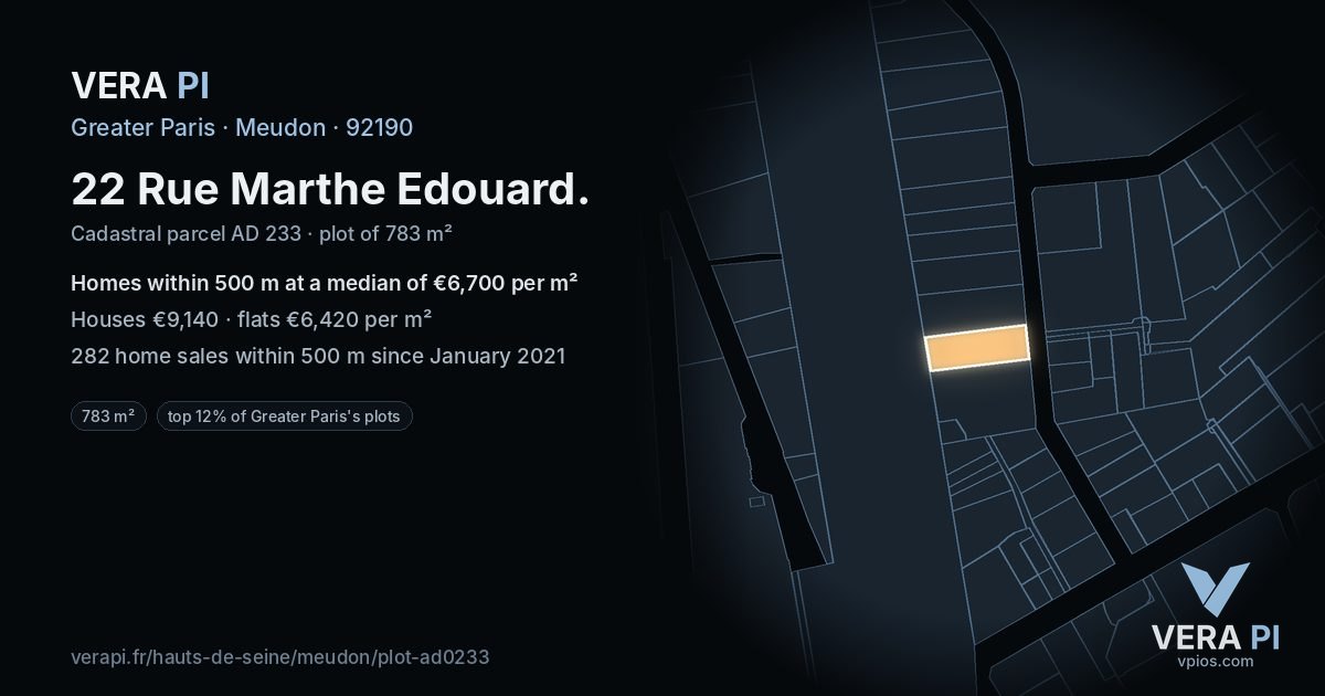22 Rue Marthe Edouard, Meudon at night – the plot lit, the parcels around coloured by the prices near them