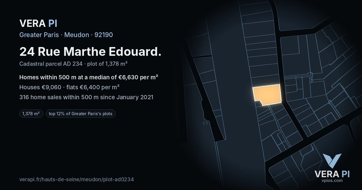 24 Rue Marthe Edouard, Meudon at night – the plot lit, the parcels around coloured by the prices near them