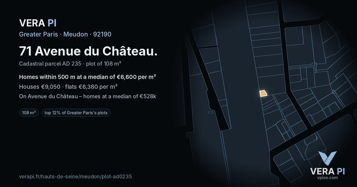 71 Avenue du Château, Meudon at night – the plot lit, the parcels around coloured by the prices near them