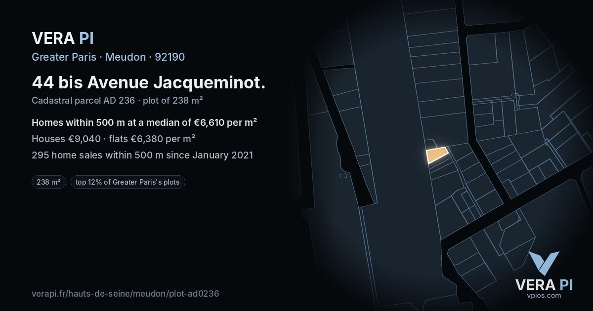 44 bis Avenue Jacqueminot, Meudon at night – the plot lit, the parcels around coloured by the prices near them