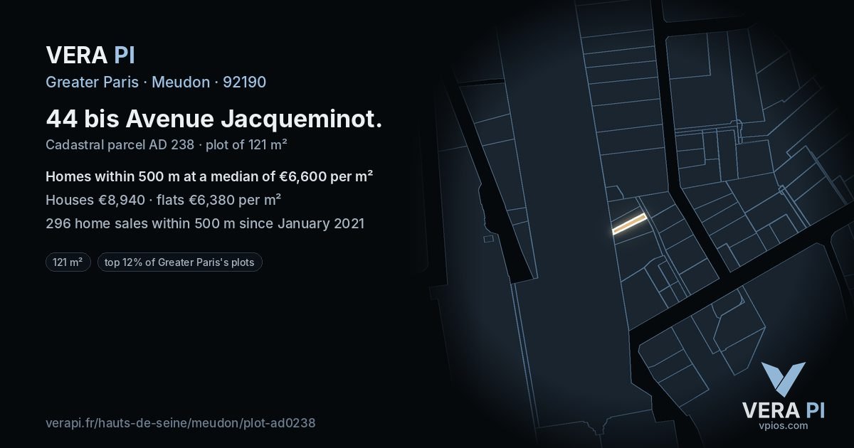 44 bis Avenue Jacqueminot, Meudon at night – the plot lit, the parcels around coloured by the prices near them