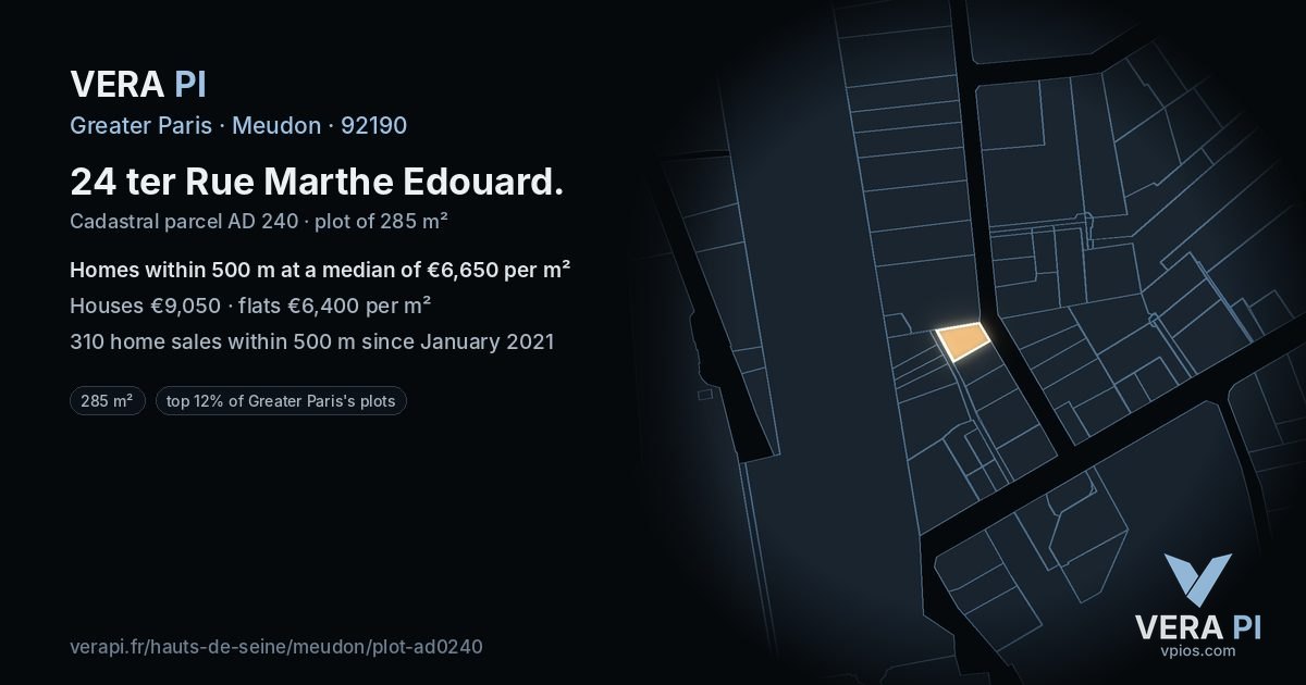 24 ter Rue Marthe Edouard, Meudon at night – the plot lit, the parcels around coloured by the prices near them