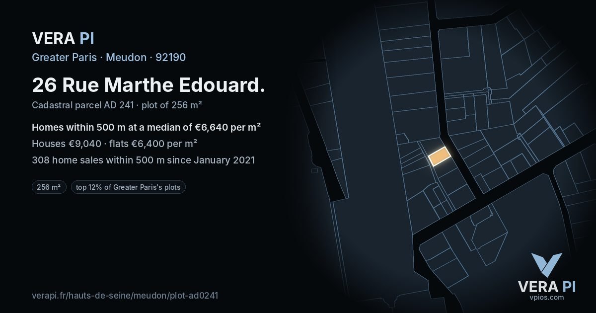 26 Rue Marthe Edouard, Meudon at night – the plot lit, the parcels around coloured by the prices near them