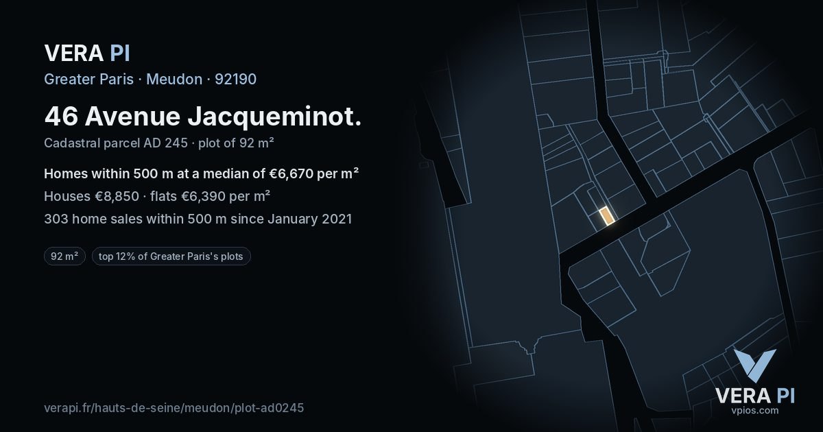 46 Avenue Jacqueminot, Meudon at night – the plot lit, the parcels around coloured by the prices near them