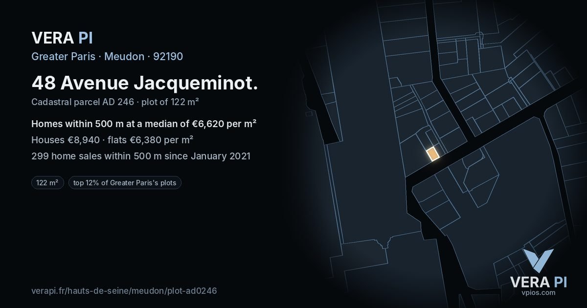 48 Avenue Jacqueminot, Meudon at night – the plot lit, the parcels around coloured by the prices near them